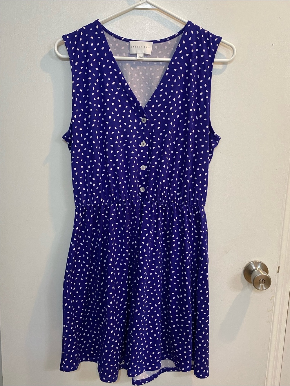 French Grey Blue and White Polka Dot Dress, size large